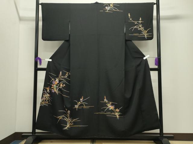 平和屋着物●訪問着 草花文 黒地 金彩 正絹 逸品 CABI1176gh