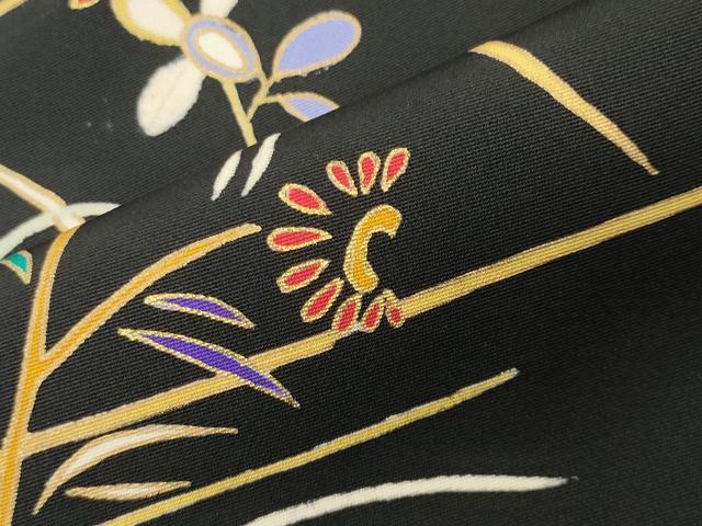平和屋着物●訪問着 草花文 黒地 金彩 正絹 逸品 CABI1176gh