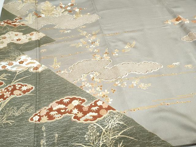 平和屋着物●豪華色留袖 駒刺繍 雲取り草花文 金彩 正絹 逸品 CABI1201th
