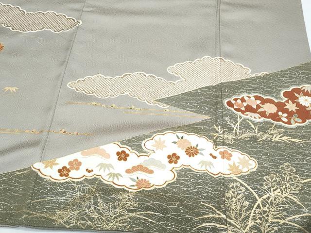 平和屋着物●豪華色留袖 駒刺繍 雲取り草花文 金彩 正絹 逸品 CABI1201th