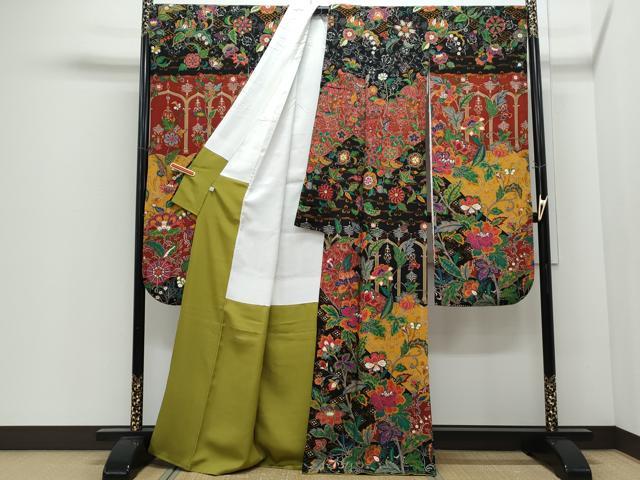 平和屋着物●豪華振袖 更紗花唐草文 金彩 鬼しぼ縮緬 正絹 逸品 CABI1225th