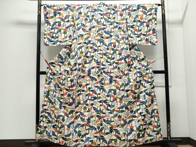平和屋着物●上質な小紋 紬地 型染め 折り鶴 正絹 逸品 未使用 CABI1226th