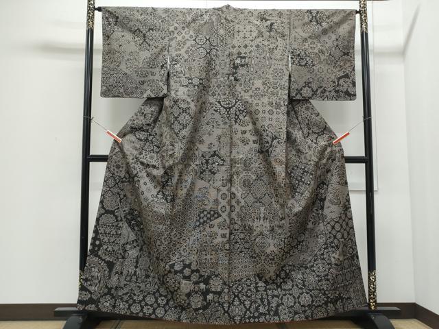 平和屋着物●本場大島紬 訪問着 9マルキ 切嵌動物吉祥草花文 正絹 逸品 CABI1290th
