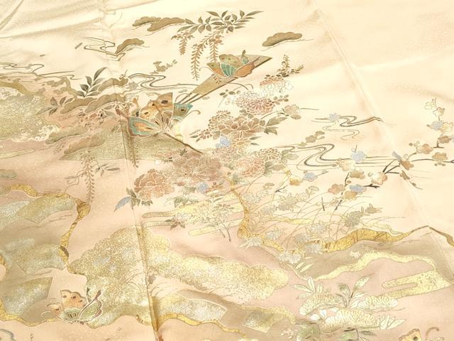 平和屋着物●訪問着 扇面花蝶文 暈し染め 金銀彩 正絹 逸品 未使用 CABI1480th