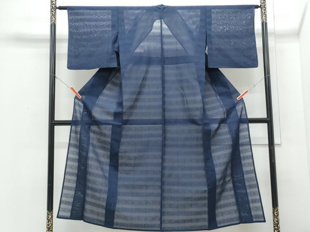 平和屋着物*夏物 色無地 横段花紋紗 留紺色 正絹 逸品 CABI1561th