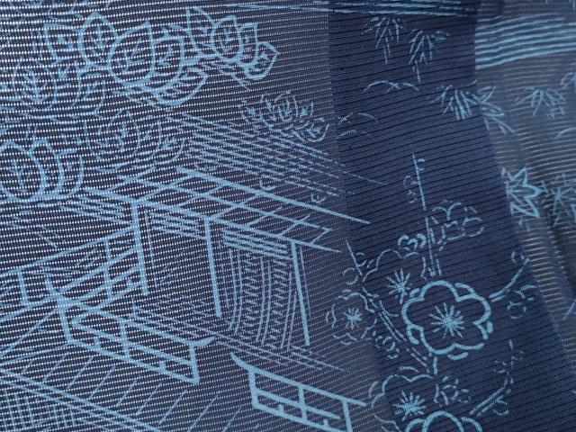 平和屋着物*夏物 小紋 絽 藍 型染め 風景草花文 正絹 逸品 CABI1573th