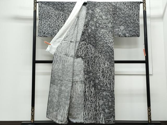 平和屋着物*夏物 訪問着 絽 樹林文 たたき染め 黒地 正絹 逸品 CABI1574th