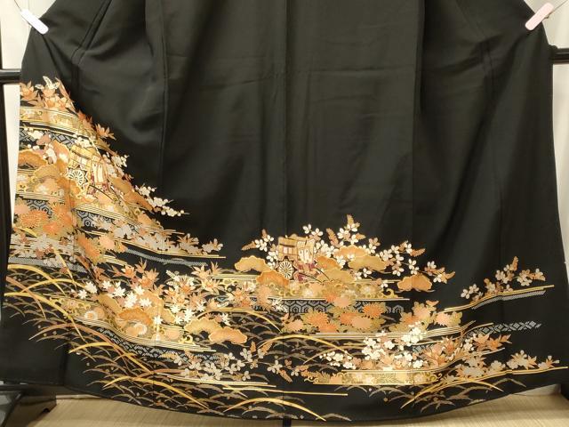 平和屋着物■豪華黒留袖 駒刺繍 御所車花松文 金彩 正絹 逸品 CABI1602oy