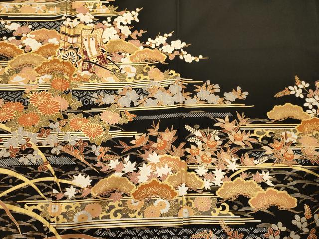平和屋着物■豪華黒留袖 駒刺繍 御所車花松文 金彩 正絹 逸品 CABI1602oy