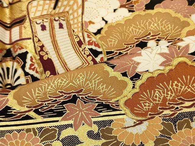 平和屋着物■豪華黒留袖 駒刺繍 御所車花松文 金彩 正絹 逸品 CABI1602oy