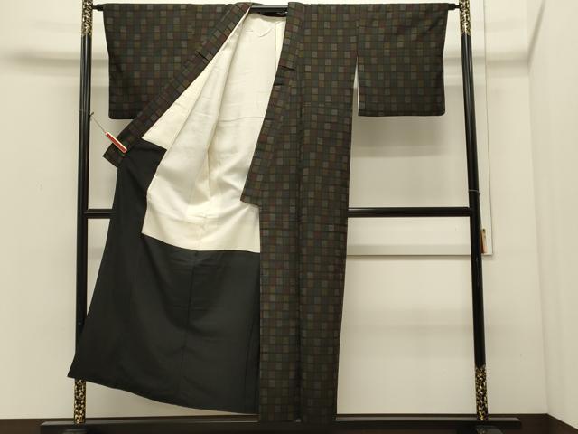 平和屋着物■上質な紬 色紙文 黒地 正絹 逸品 CABI1652oy