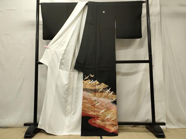 平和屋着物■豪華黒留袖 駒刺繍 吉祥飛鶴松文 暈し染め 金銀彩 正絹 逸品 CABI1691oy