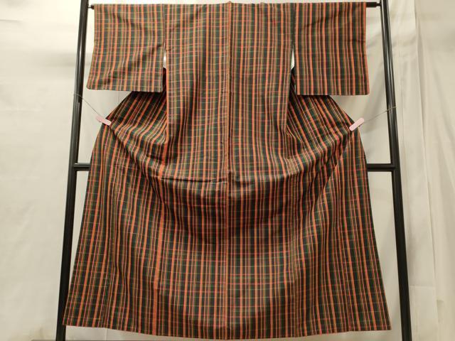 平和屋着物■上質な紬 格子柄 黒地 正絹 逸品 CABI1732oy