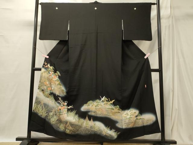 平和屋着物■豪華黒留袖 駒刺繍 萬寿染 風景草花松文 藤花房 暈し染め 金彩 正絹 逸品 CABI1859oy