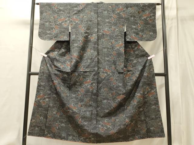 平和屋着物■上質な紬 流水草花文 黒地 正絹 逸品 未使用 CABI1906oy