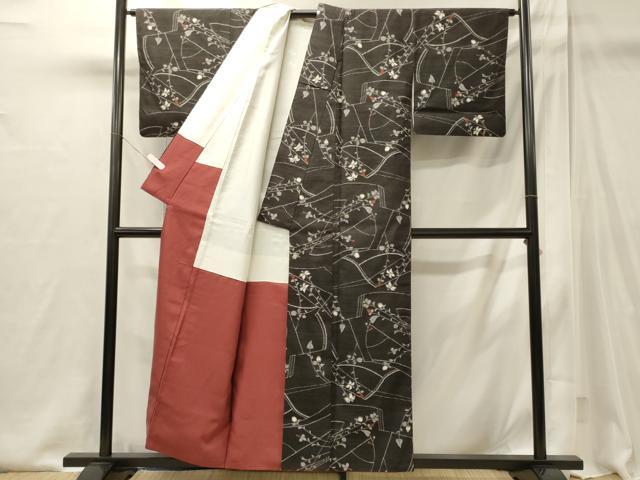 平和屋着物■上質な紬 草花文 黒地 正絹 逸品 CABI1947oy