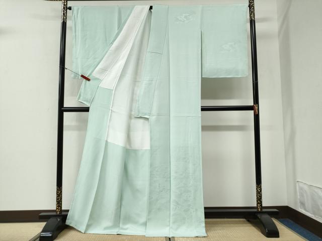平和屋着物●無地絵羽訪問着 立波地紙重ね花文 白緑色 ロング丈 正絹 逸品 未使用 CABI2006yc