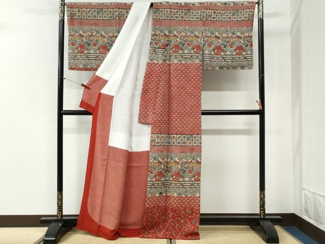 平和屋着物●訪問着 型染め 浜松飛鶴宝尽くし花蝶文 鬼しぼ縮緬 正絹 逸品 CABI2039yc