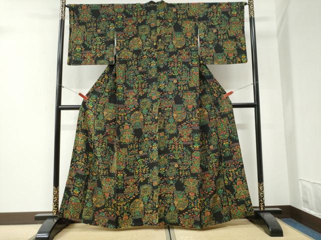 平和屋着物●上質な小紋 花唐草文 黒地 正絹 逸品 CABI2068yc