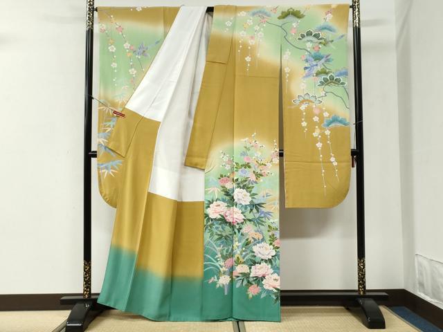 平和屋着物●十日町友禅作家 岡村蒼風 振袖・長襦袢セット 尾長鳥牡丹花文 暈し染め 半衿刺繍 正絹 逸品 CABI2072yc