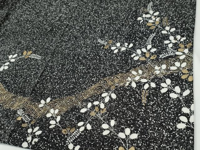 平和屋着物●訪問着 流水草花文 たたき染め 黒地 金彩 正絹 逸品 CABI2087yc