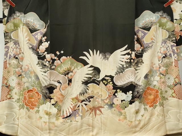 平和屋本店●アンティーク 大正ロマン 振袖 刺繍 立波飛鶴松竹梅牡丹花文 黒地 金糸 正絹 逸品 CABI2121yc