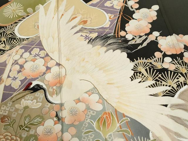 平和屋本店●アンティーク 大正ロマン 振袖 刺繍 立波飛鶴松竹梅牡丹花文 黒地 金糸 正絹 逸品 CABI2121yc