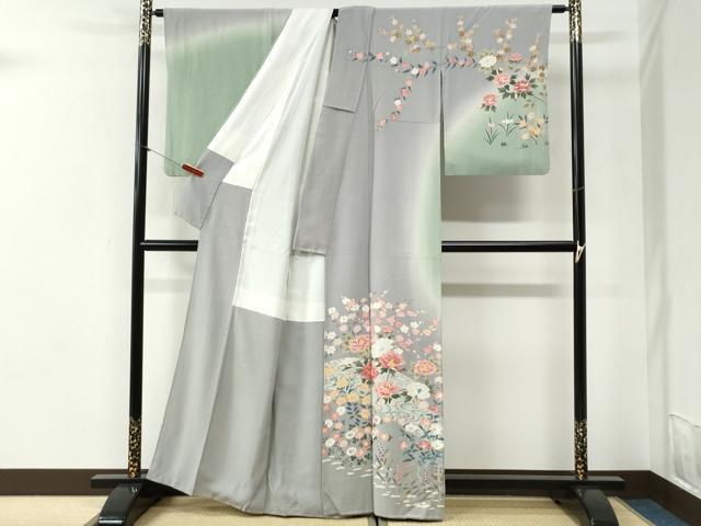 平和屋着物●訪問着 友禅 流水枝花文 暈し染め 無落款 正絹 逸品 CABI2125yc