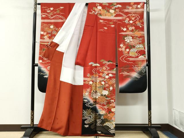 平和屋着物●豪華振袖 駒刺繍 御所車流水籬草花文 暈し染め 金彩 正絹 逸品 CABI2133yc