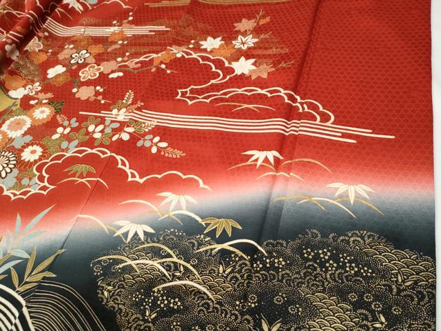 平和屋着物●豪華振袖 駒刺繍 御所車流水籬草花文 暈し染め 金彩 正絹 逸品 CABI2133yc