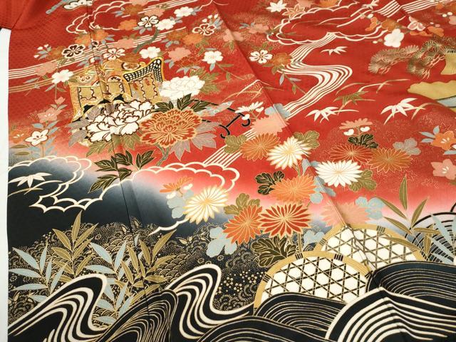 平和屋着物●豪華振袖 駒刺繍 御所車流水籬草花文 暈し染め 金彩 正絹 逸品 CABI2133yc