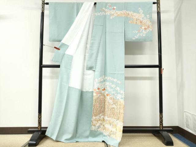 平和屋着物●訪問着 駒刺繍 網目木賊草花文 金彩 正絹 逸品 CABI2171yc