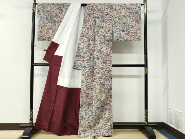 平和屋着物●上質な小紋 紬地 手描き 休み鳥更紗草花文 正絹 逸品 CABI2190yc