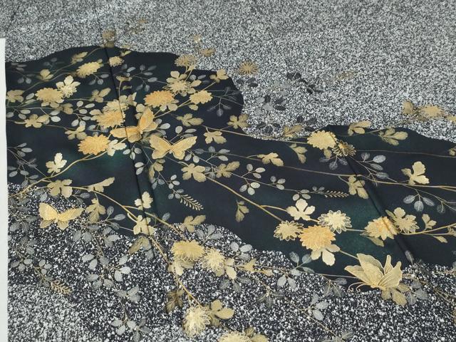 平和屋着物●訪問着 花蝶文 たたき染め 黒地 金彩 正絹 逸品 CABI2199yc
