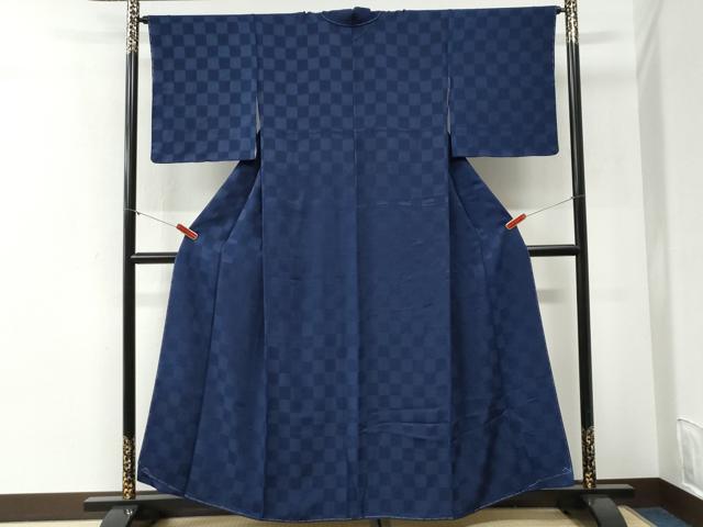 平和屋着物●上質な色無地 市松地紋 鉄紺色 正絹 逸品 未使用 CABI2202yc
