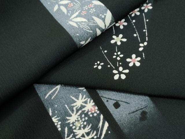 平和屋着物●小紋 胴抜き仕立て 霞草花文 黒地 洗える着物 未使用 CABI2212yc