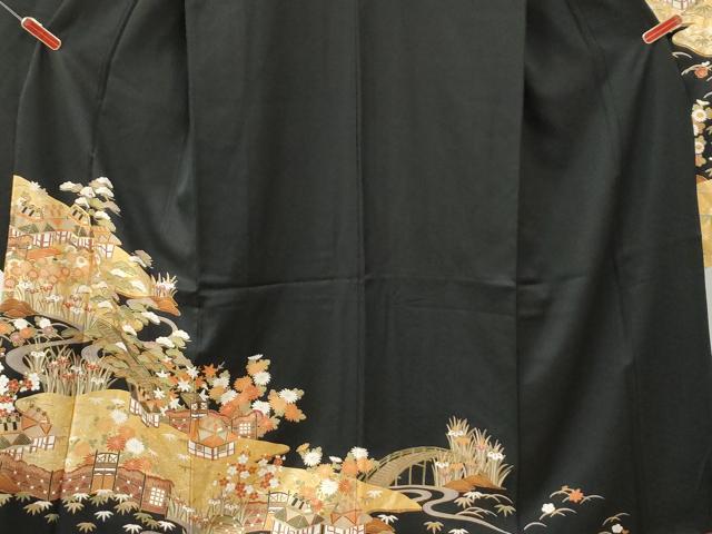 平和屋着物●豪華振袖・長襦袢セット 松竹梅渡り橋風景文 黒地 金彩 正絹 逸品 CABI2232yc
