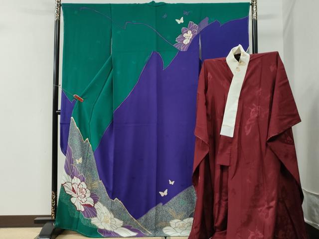 平和屋着物●森英恵・HANAE MORI 振袖・長襦袢セット 牡丹舞蝶文 金彩 正絹 逸品 未使用 CABI2233yc