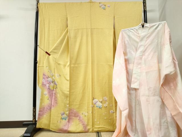 平和屋着物●豪華振袖・長襦袢セット 駒刺繍 舞桜文 暈し染め 金通し地 正絹 逸品 CABI2234yc