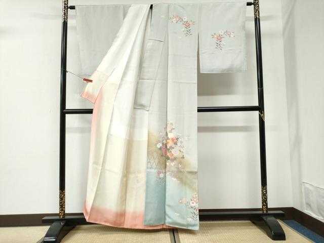 平和屋着物●訪問着 駒刺繍 籬草花文 暈し染め 金彩 正絹 逸品 CABI2244yc