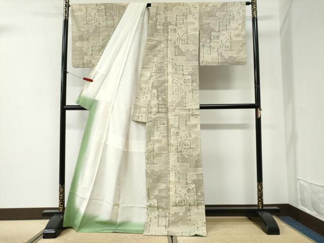 平和屋着物●本場結城紬 重要無形文化財 100亀甲 エ霞笹竹風景文 ロング丈 正絹 逸品 CABI2270yc
