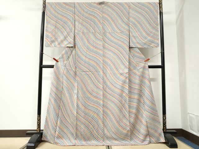 平和屋着物●上質な小紋 よろけ縞 ロング丈 正絹 逸品 CABI2304yc