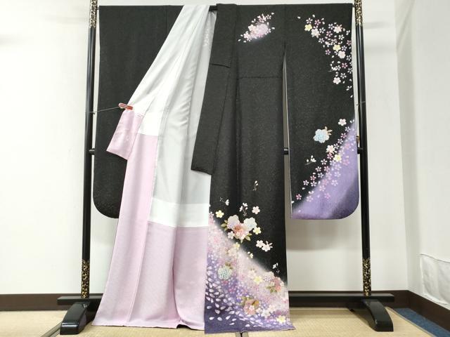 平和屋着物●豪華振袖 駒刺繍 舞桜文 暈し染め 黒地 金通し地 正絹 逸品 CABI2345yc