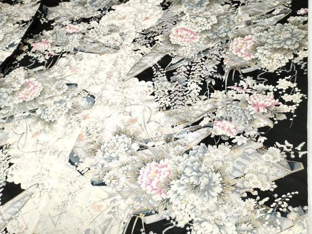 平和屋着物●豪華振袖 舟牡丹花文 黒地 金彩 やまと誂製 正絹 逸品 CABI2367yc