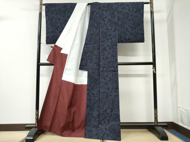 平和屋着物●結城紬 80亀甲 更紗草花文 正絹 逸品 CABI2372yc