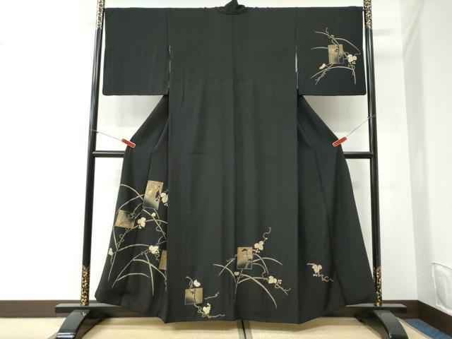 平和屋着物●訪問着 刺繍 色紙鶴南天蔦の葉花文 黒地 金彩 正絹 逸品 CABI2379yc