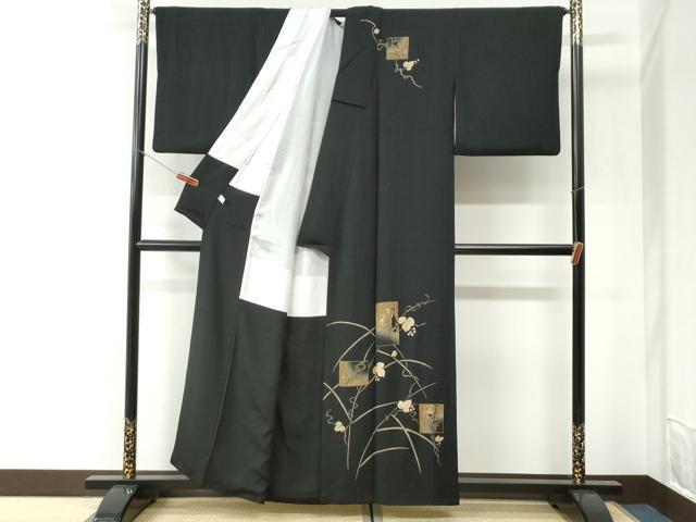 平和屋着物●訪問着 刺繍 色紙鶴南天蔦の葉花文 黒地 金彩 正絹 逸品 CABI2379yc
