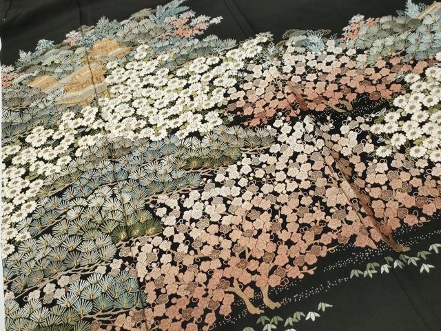 平和屋着物●豪華黒留袖 作家物 駒刺繍 松竹梅風景花文 金糸 正絹 逸品 CABI2394yc