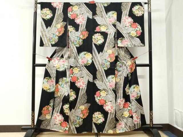 平和屋着物●上質な小紋 草花丸文 黒地 金彩 正絹 逸品 CABI2408yc