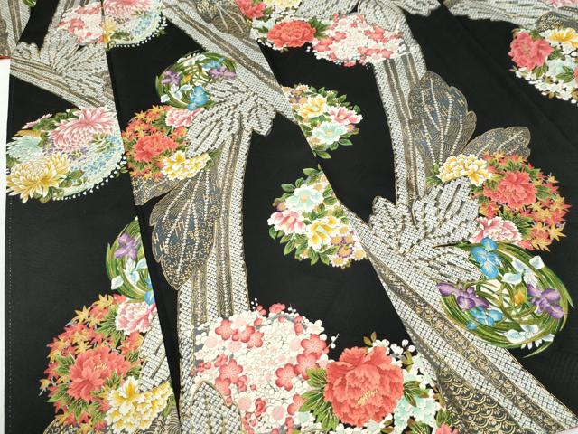 平和屋着物●上質な小紋 草花丸文 黒地 金彩 正絹 逸品 CABI2408yc